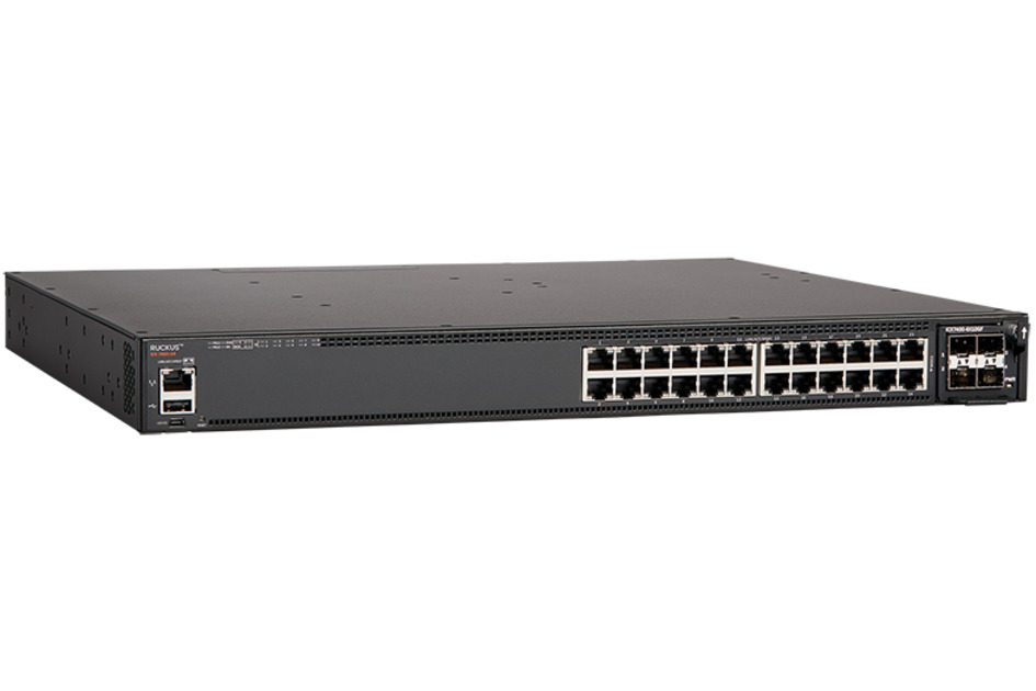 24-port 1 GbE switch PoE+, 3 modular slots for optional uplinks/stacking. Power supply, fan & modules need to be ordered separately Ruckus ICX 7450P