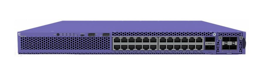 ExtremeSwitching X465 with 24 100Mb/1Gb/10GBASE-X SFP+ LRM and MACSEC capable ports includes fan modules EXOS Advanced Edge 1 VIM5 slot 2 PSU slots rack mount kit